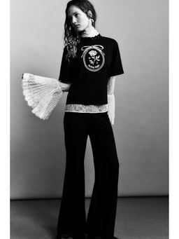 H&M - Women Black Embroidery-detail T-shirt