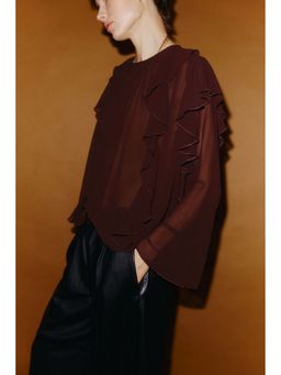 H&M - Women Brown Sheer flounce-trimmed blouse