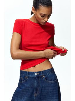 H&M - Women Red Pointelle-knit T-shirt