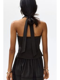 H&M - Women Brown Lace-inset halterneck top