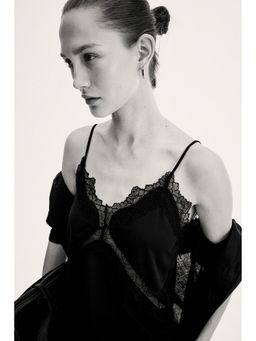 H&M - Women Black Lace-trimmed Ponte-di-Roma strappy top