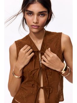 H&M - Women Brown Embroidered tie-front cotton top