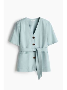H&M - Women Turquoise Short-sleeved linen-blend blazer