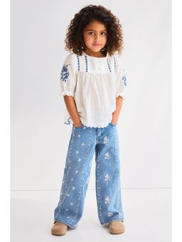 H&M - Girls Blue Embroidered Wide Leg Jeans
