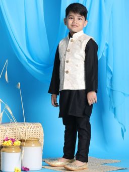 Vastramay - Boys Gold & Black Jacket With Kurta & Pyjama (Set of 3)