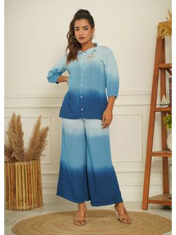 Zolo Label - Blue Ombre Beads & Stone Shirt with Palazzos Co-Ord (Set of 2)