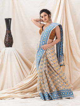 Angoshobha - Traditional Tan & Blue Floral Soft Dhakai Jamdani Saree with Unstitched Blouse
