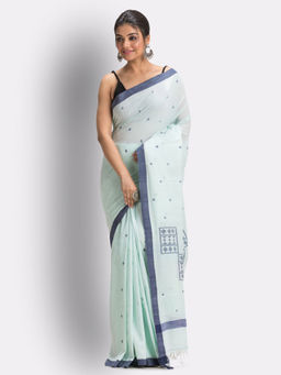 Angoshobha - Middle Blue Green Handloom Cotton Jamdani Saree with Unstitched Blouse