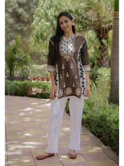 HOUSE OF KARI - Saba Chikankari Short kurti in Chanderi Silk - Brown