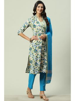 Biba - Beige Cotton Unstitched Suit (Set of 3)