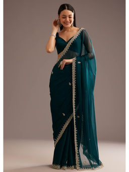 KALKI FASHION - Peacock Green Organza Saree and Unstitched Blouse