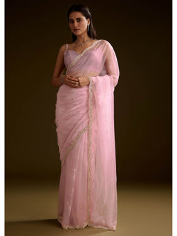 KALKI FASHION - Peach Crush Tissue Saree with Stone Embellished and Unstitched Blouse