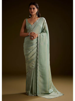 KALKI FASHION - Light Green Tissue Saree with Cut Dana Embellished and Unstitched Blouse