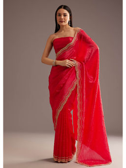 KALKI FASHION - Red Crushed Tissue Silk Saree and Unstitched Blouse