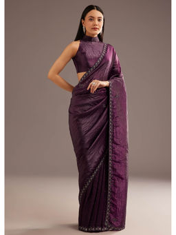 KALKI FASHION - Wine Crushed Tissue Silk Saree and Unstitched Blouse