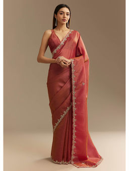 KALKI FASHION - Brown Crushed Tissue Saree and Unstitched Blouse