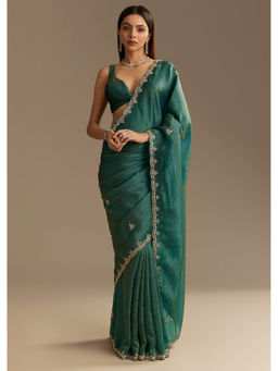 KALKI FASHION - Teal Green Crushed Tissue Saree with Cut Dana Embellished and Unstitched Blouse