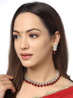 Yellow Chimes - Maroon and White Bead Kundan Studded Choker Jewellery set