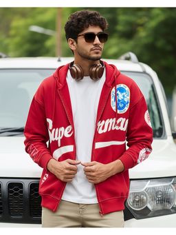 Bewakoof - DC Men Salsa Red Superman Graphic Printed Oversized Zipper Hoodie