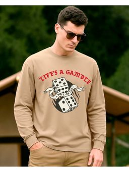 Bewakoof - Men Ginger Root Beige Gamble Graphic Printed Oversized Fit T-Shirt