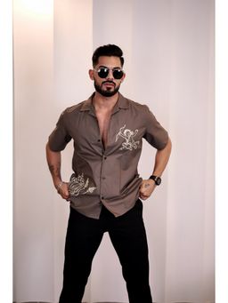 Eszett - Men Brown Cotton Embroidered Casual Shirt
