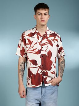 Eszett - Men Off White Floral Half Sleeves Casual Shirt