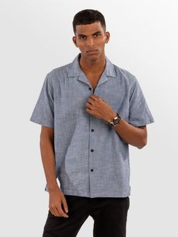 Eszett - Men Blue Cotton Textured Casual Shirt