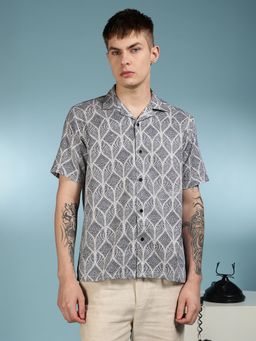 Eszett - Men Grey Self Design Half Sleeves Casual Shirt