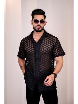 Eszett - Men Black Cotton Textured Casual Shirt