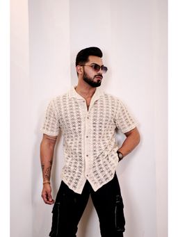 Eszett - Men Cream Cotton Textured Casual Shirt