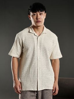 Eszett - Men Beige Self Design Half Sleeves Casual Shirt