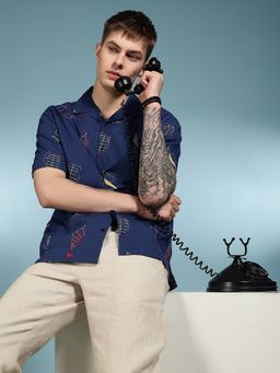 Eszett - Men Navy Blue Self Design Half Sleeves Casual Shirt