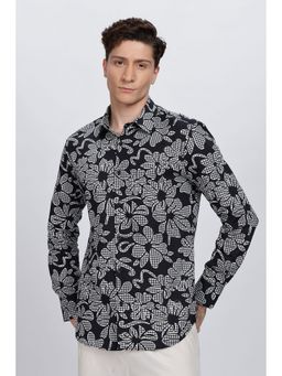 Eszett - Men Black Cotton Abstract Casual Shirt