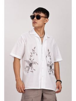 Eszett - Grey Floral Embroidery Cuban White Shirt
