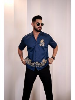 Eszett - Men Navy Blue Cotton Embroidered Casual Shirt
