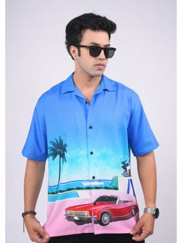 Eszett - Men Blue Self Design Half Sleeves Casual Shirt