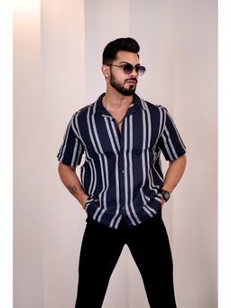 Eszett - Men Navy Blue Linen Stripes Casual Shirt
