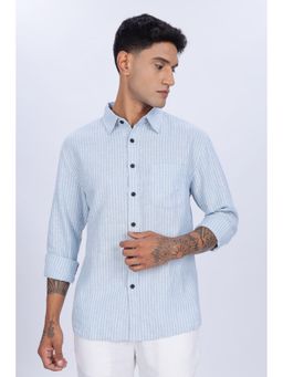 Eszett - Men Blue Linen Stripes Casual Shirt