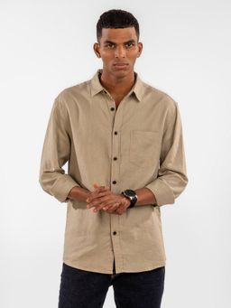Eszett - Men Beige Linen Solid Casual Shirt