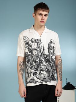 Eszett - Men Off White Printed Half Sleeves Casual Shirt