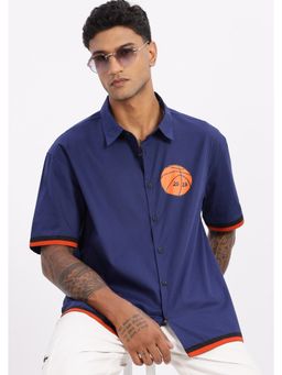 Eszett - Men Navy Blue Self Design Half Sleeves Casual Shirt