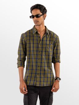 Eszett - Men Olive Cotton Checks Casual Shirt