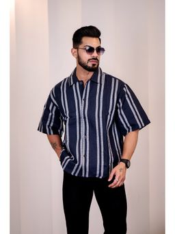 Eszett - Men Navy Blue Linen Stripes Casual Shirt