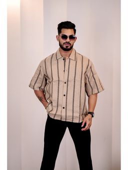 Eszett - Men Beige Linen Stripes Casual Shirt