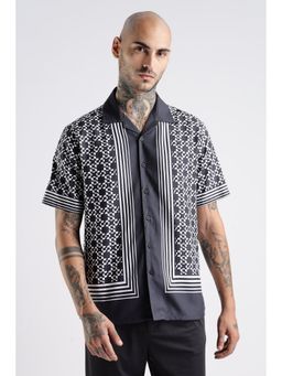 Eszett - Square Print Cotton Cuban Black Shirt