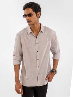 Eszett - Men Cream Cotton Stripes Casual Shirt