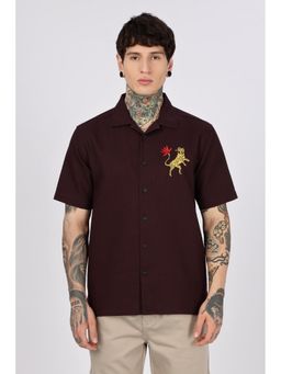 Eszett - Tiger Embroidery Textured Fabric Cuban Brown Shirt