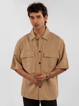 Eszett - Men Khaki Cotton Solid Casual Shirt