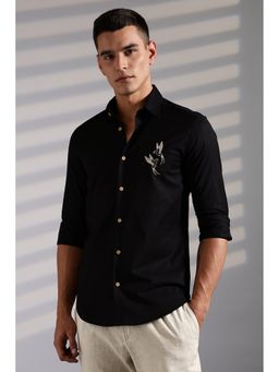 Eszett - Twin Bird Embroidery Black Linen Shirt