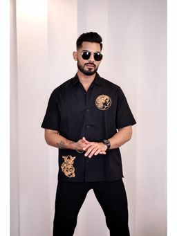 Eszett - Men Self Design Black Half Sleeves Casual Shirt